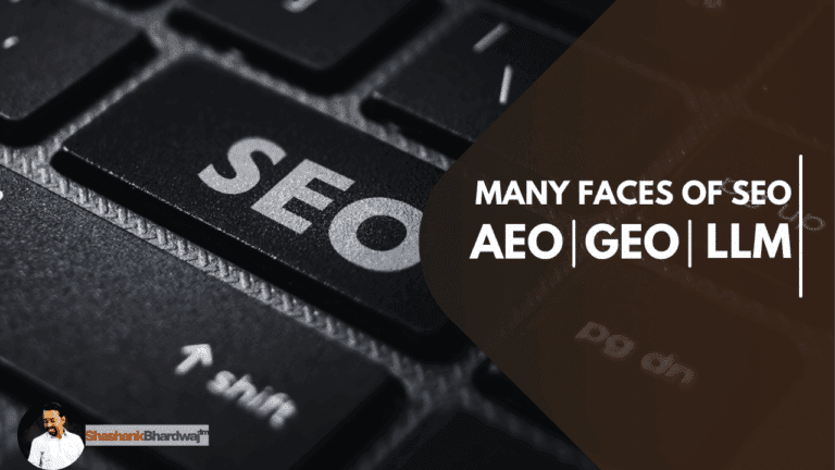 A close-up of a black computer keyboard with the word "SEO" on a key. Overlay text reads: "Many Faces of SEO | AEO | GEO | LLM"