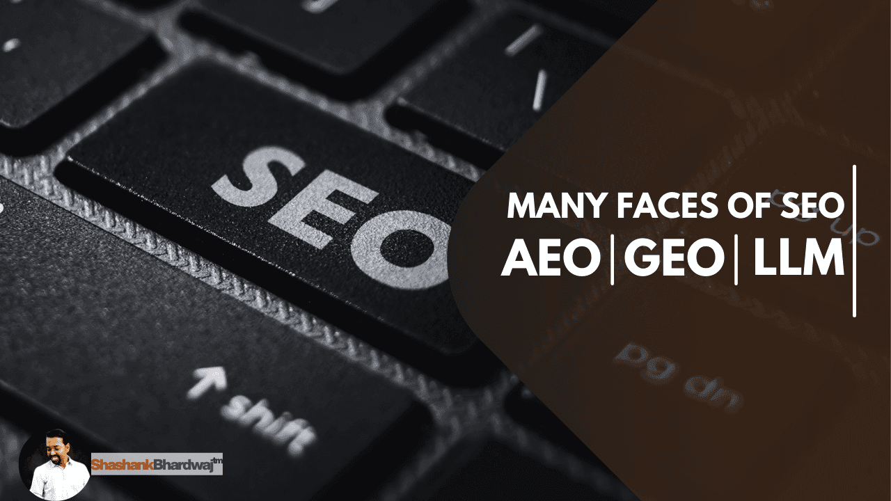 A close-up of a black computer keyboard with the word "SEO" on a key. Overlay text reads: "Many Faces of SEO | AEO | GEO | LLM"