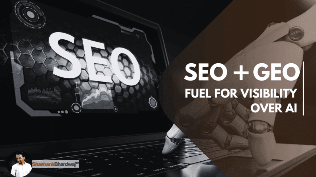 A robotic hand shaking a human hand in a futuristic setting. Overlay text reads: "GEO ≠ SEO | The New Playbook for Marketers"