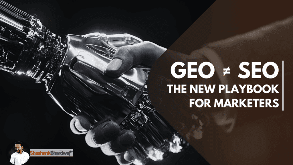 A robotic hand shaking a human hand in a futuristic setting. Overlay text reads: "GEO ≠ SEO | The New Playbook for Marketers".