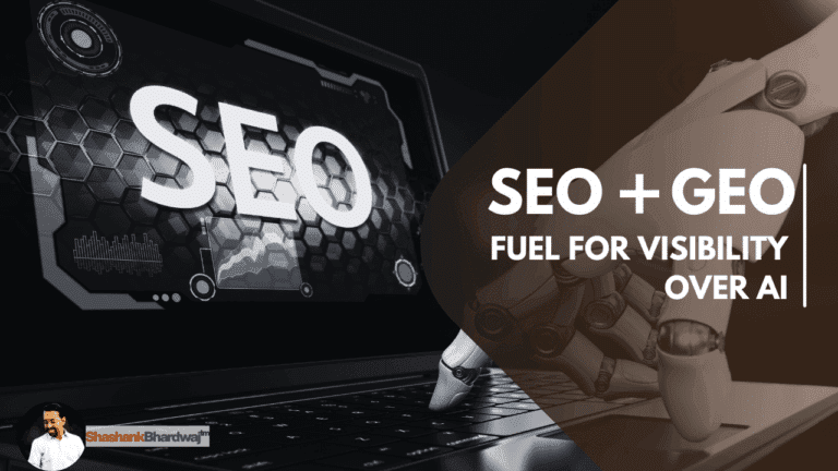 A robotic hand shaking a human hand in a futuristic setting. Overlay text reads: "GEO ≠ SEO | The New Playbook for Marketers"