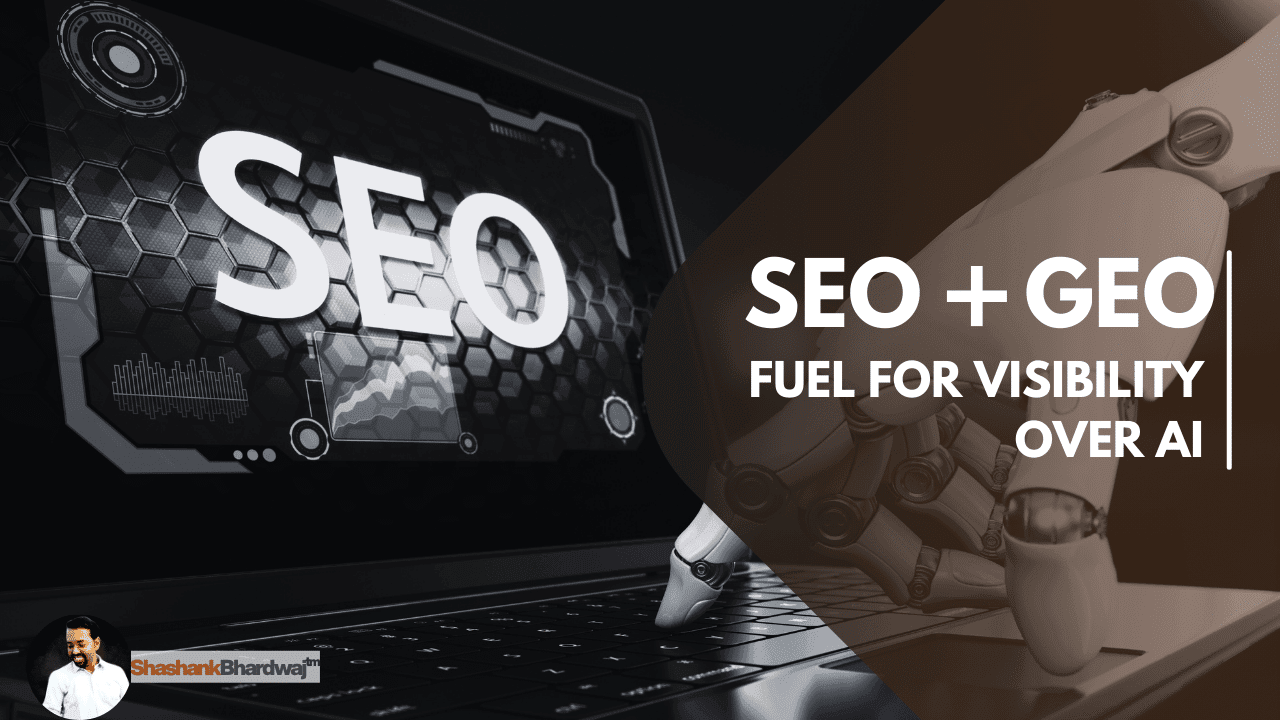 A robotic hand shaking a human hand in a futuristic setting. Overlay text reads: "GEO ≠ SEO | The New Playbook for Marketers"