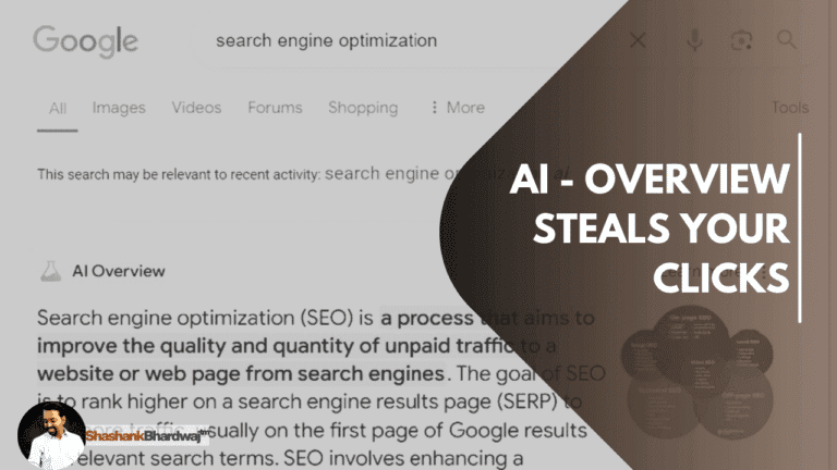 A screenshot of a Google search results page for "search engine optimization," showing an AI Overview box at the top with a highlighted title: "AI-OVERVIEW STEALS YOUR CLICKS."