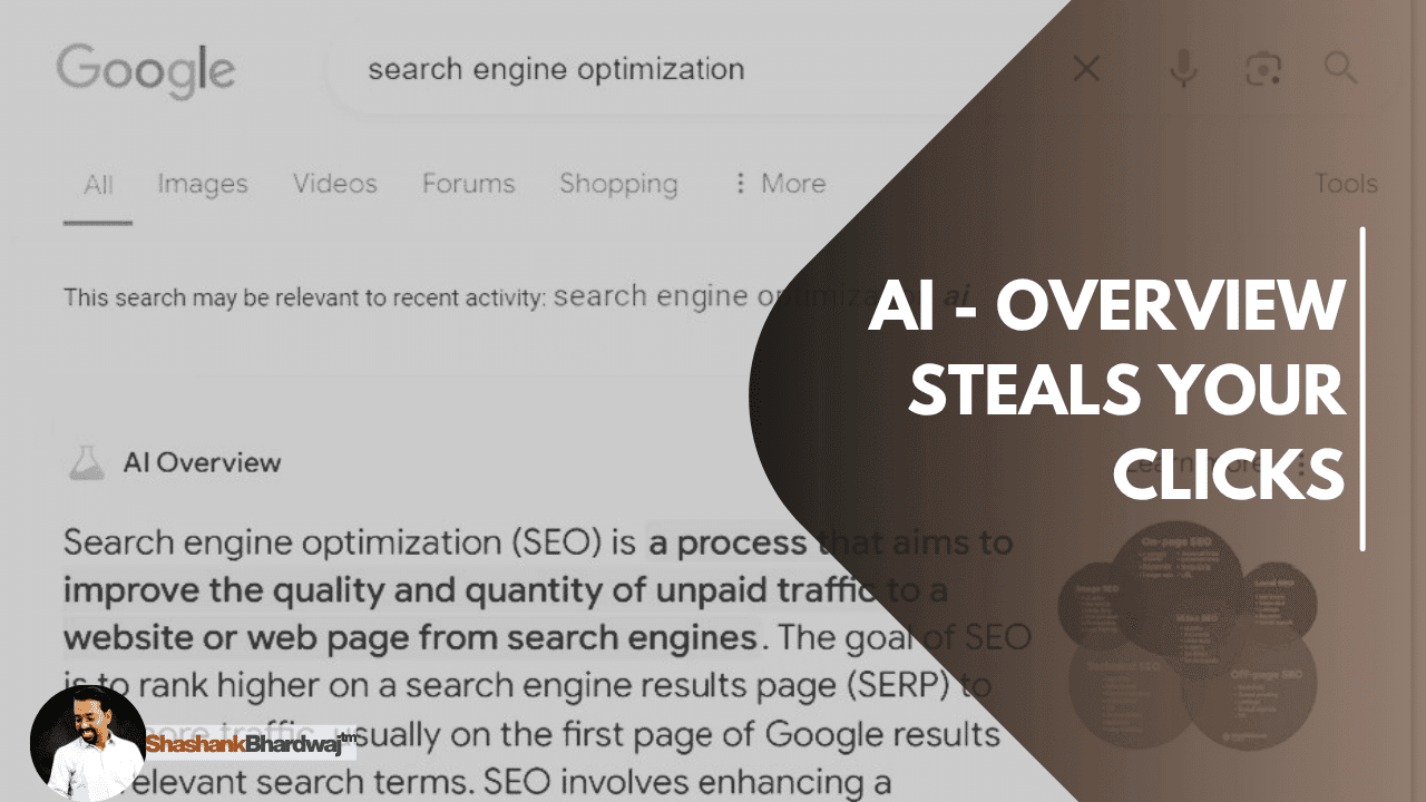 A screenshot of a Google search results page for "search engine optimization," showing an AI Overview box at the top with a highlighted title: "AI-OVERVIEW STEALS YOUR CLICKS."