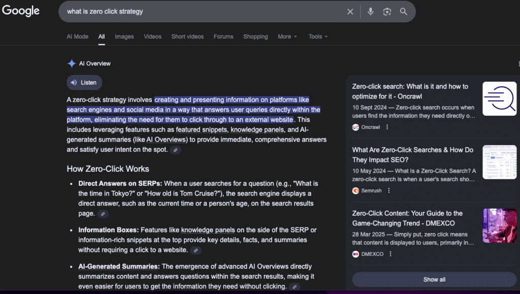 A screenshot of Google search with the term "What is Zero click strategy" and AI-Overview results with citations on the right side