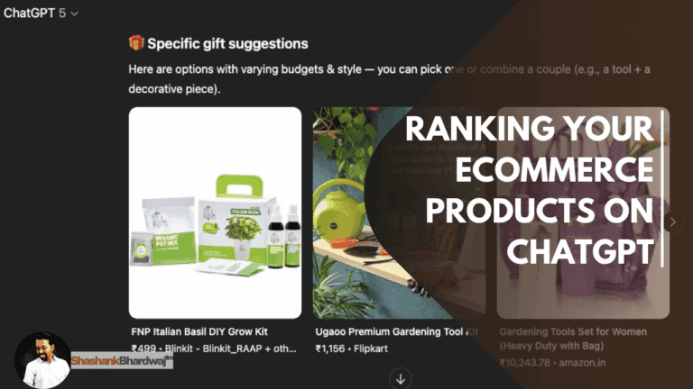 Screenshot of ChatGPT displaying eCommerce product recommendations for gardening gifts, with overlay text reading “Ranking Your eCommerce Products on ChatGPT,” illustrating how AI interprets conversational product queries.